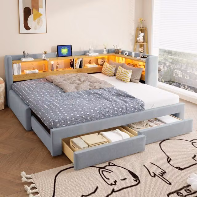 Desviae Letto estraibile 3 in 1 con cassetti illuminazione LED e presa integrata grigio per camera e ospiti