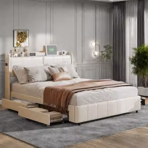 CDGlobal letto imbottito matrimoniale 160x200 cm con USB, letto contenitore 4 cassetti, rete a doghe in legno, struttura letto moderno in metallo, PU, beige