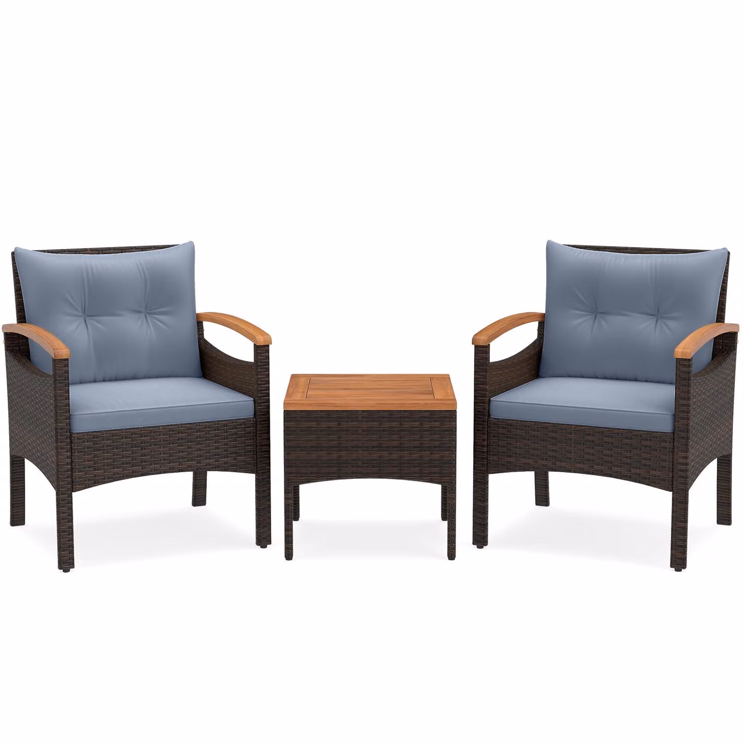Set di mobili da giardino KOMFOTTEU, composto da 3 pezzi: 2 sedie e un tavolo, ideale per balconi. Set di mobili da esterno in rattan con cuscini per seduta e schienale, perfetto per terrazzi e giardini. Set per balcone, terrazzo e giardino, con schienale