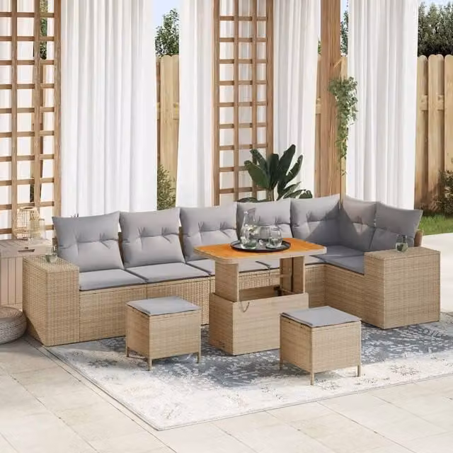 vidaXL Set Divano da Giardino a L con 9 Pezzi, 6 Posti, Beige e Grigio