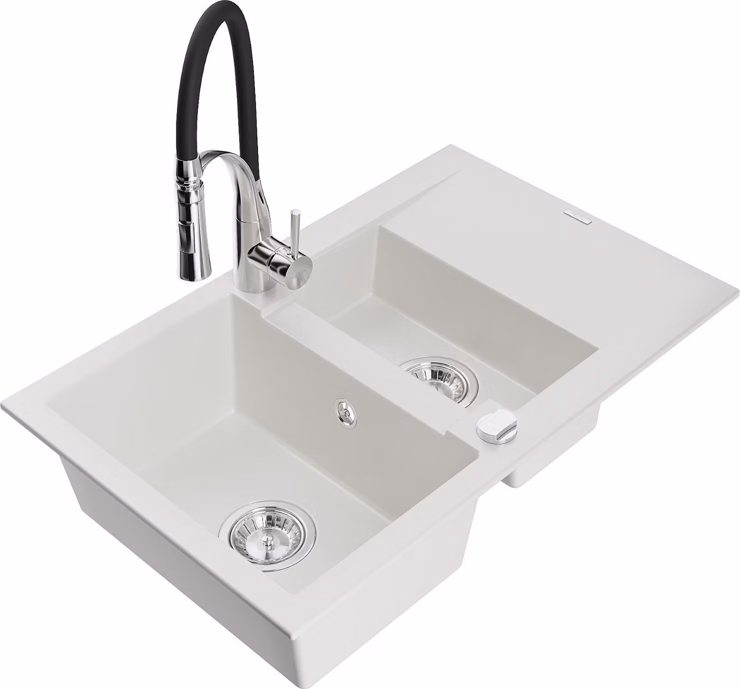 Mexen Gaspar lavello in granito 1,5 vasche con scolapiatti e rubinetto da cucina Aster, bianco - 6507-20-73450-07