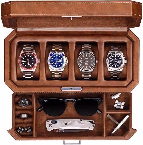 Cassetta orologio in legno con 4 contenitori e cassetta di ripostiglio - organizzatore di gioielli di lusso, display chiuso con vetrina in vetro reale - cassetta orologio per uomini e donne (marrone chiaro)