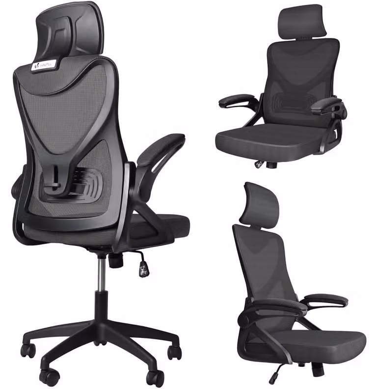 Sedia da ufficio ergonomica - Sedia girevole con schienale alto - Supporto lombare e poggiatesta regolabili - Nero - Per ufficio domestico