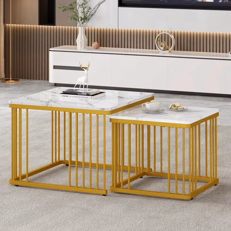 Set di 2 tavolini Abrihome, tavolino con motivo in marmo e struttura in metallo, angolare 60 x 45 cm e 45 x 40 cm, oro