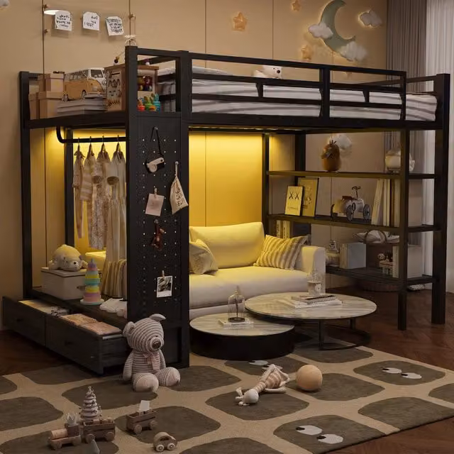 Letto a soppalco 140x200 - Zephmum - Armadio aperto, scaffali, pannello forato, illuminazione LED, nero