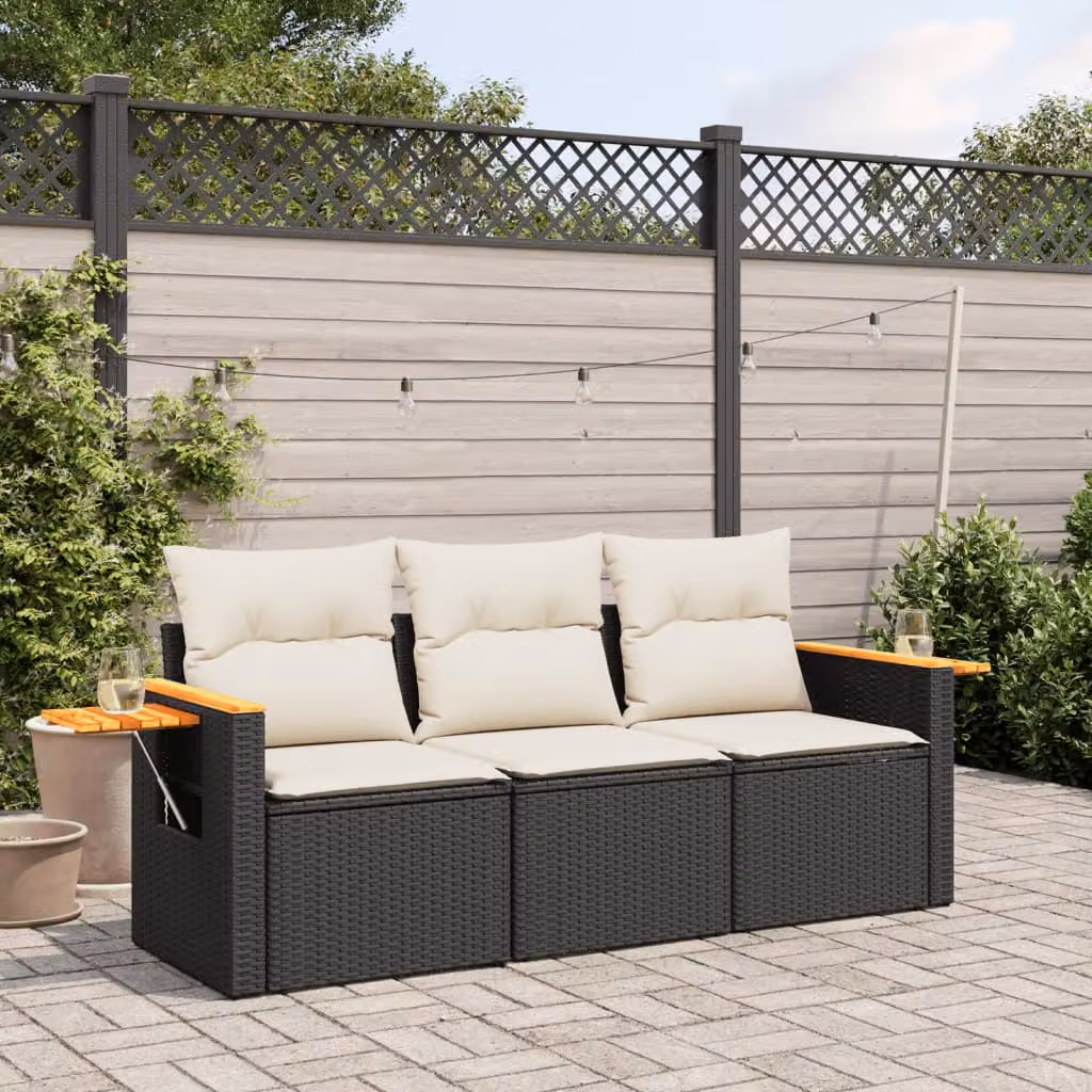 vidaXL Set Divani da Giardino 4 Pezzi in Polyrattan Nero con Cuscini e Tavolino da Esterno – 1