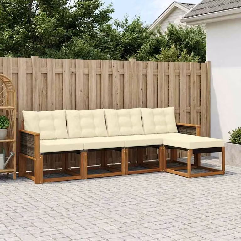 Set di divani da esterno vidaXL 5 pezzi in legno di acacia con sedute in textilene, colore beige e bianco
