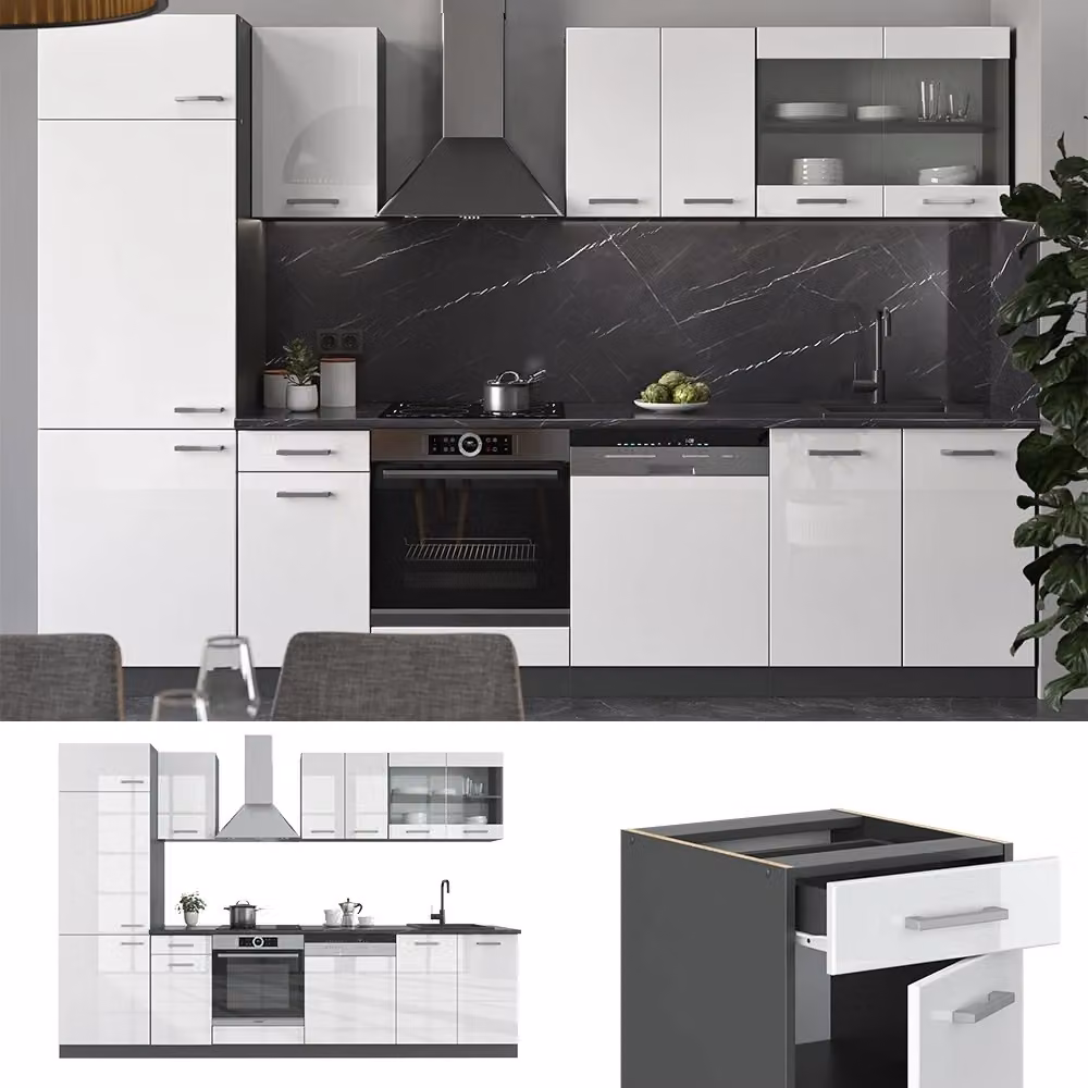 Cucina componibile moderna R-Line Vicco Bianco lucido e Antracite, L: 300 cm – 2