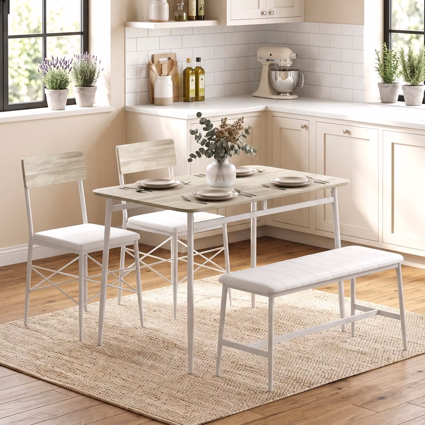 Set tavolo da pranzo moderno HOMCOM con 2 sedie e panca imbottita, rovere e bianco – 2