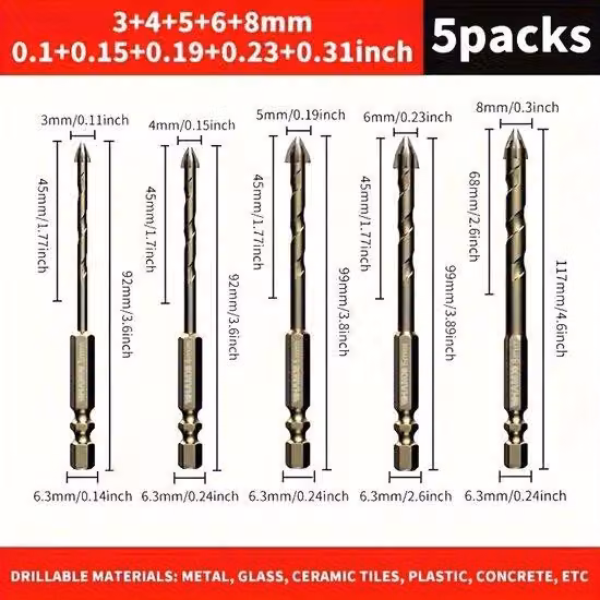 Set di punte quadrate in Vetroceramica di alta qualità in carburo di tungsteno (3 mm, 4 mm, 5 mm, 6 mm, 8 mm) – Cacciaviti a croce e a Esagono, adatti per vetro, cemento, Vetroceramica e piastrelle in Vetroceramica, per un taglio preciso e senza scheggiat
