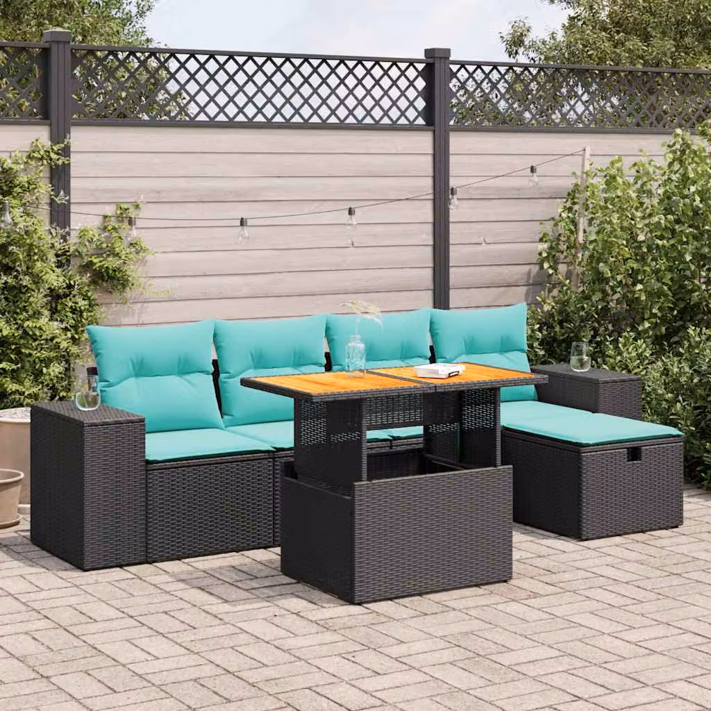 Set Divano da Giardino vidaXL 6 pz in Polyrattan e Legno di Acacia Marrone con Cuscini