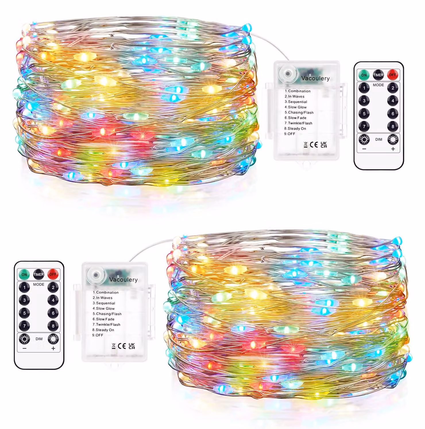Catena luminosa a LED, 12 metri, 120 LED, 8 modalità, timer, telecomando, confezione da 2 pezzi