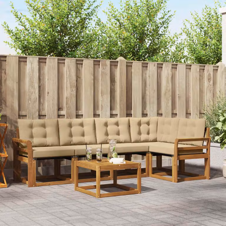 Set di divani da esterno vidaXL 6 pz a forma di L con tavolo da caffè, in legno di acacia trattato e tessuto textilene, colore beige e marrone