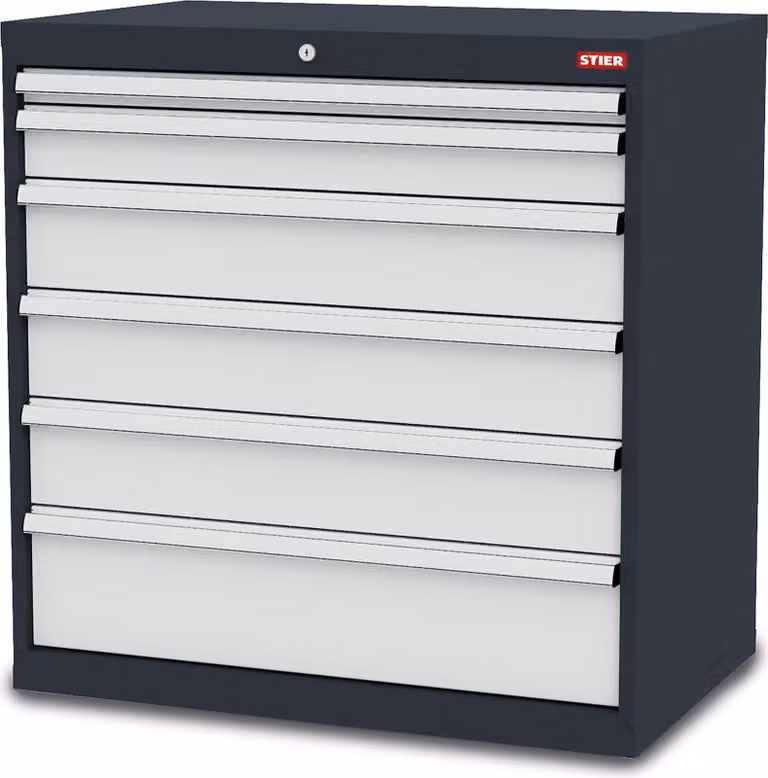 STIER Cassettiera con 6 cassetti, LxPxA 900x575x920 mm, portata totale 1000 kg, altezza frontali da 50 a 200 mm