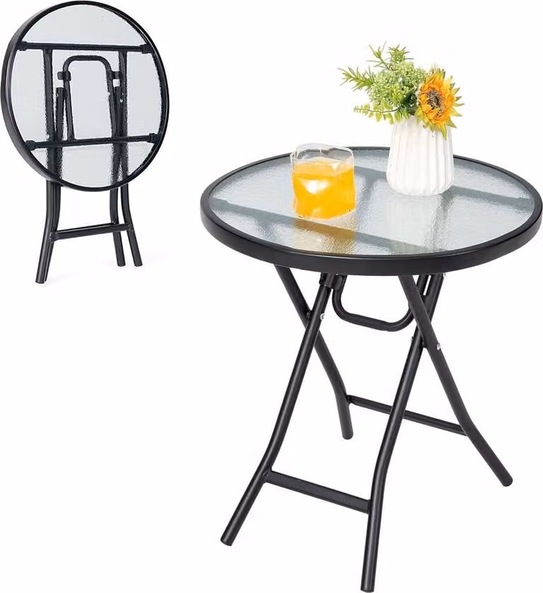 KOMFOTTEU Tavolo da giardino rotondo, tavolino pieghevole, tavolo da bistrot con piano in vetro e struttura in metallo, tavolino da balcone o terrazza, φ46 x 47 cm