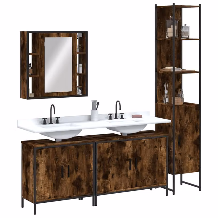 Set di mobili da bagno vidaXL in stile industriale con armadietto specchio e mobile lavabo in legno e metallo, colore marrone