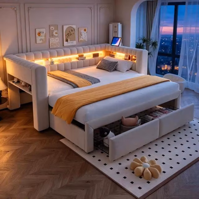 letto divano imbottito velluto beige 109 x 210 cm