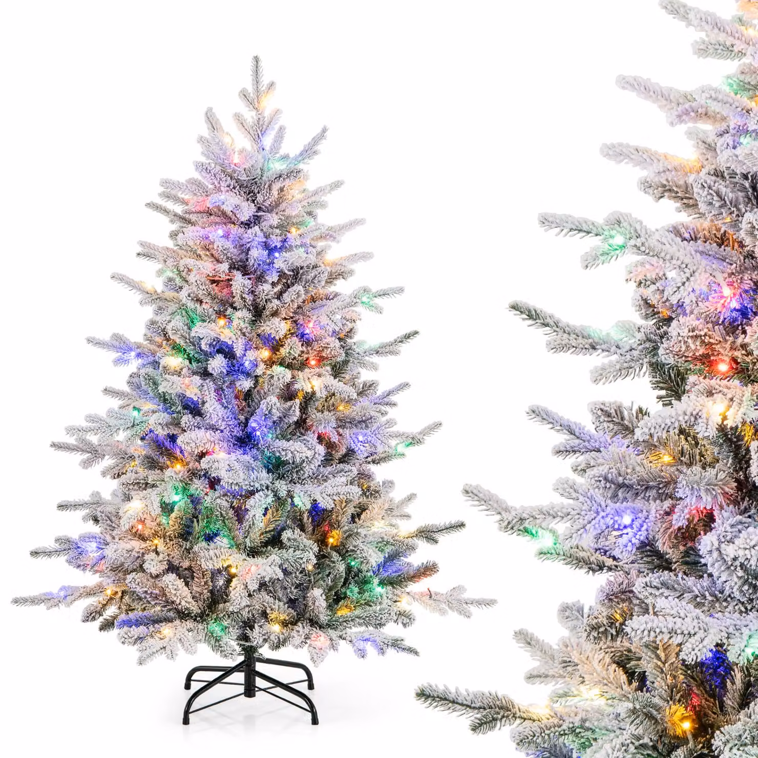 COSTWAY Albero di Natale artificiale da 135 cm, albero di Natale floccato con 160 LED multicolore, 8 modalità di illuminazione e 436 punte di rami, albero di Natale illuminato
