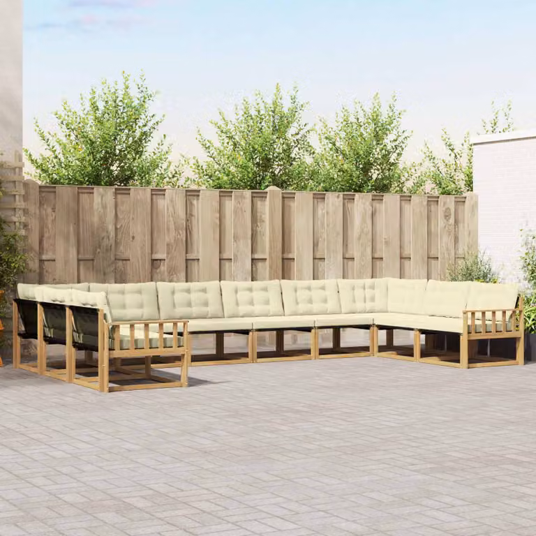Set di divani da esterno vidaXL a forma di U composto da 10 pezzi in legno di acacia con cuscini bianchi, beige e marroni