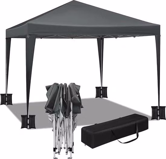 Pavilio con 4 contenitori per sabbia, tenda da giardino, 3 x 3 m, tenda da giardino, impermeabile, stabile, protezione UV, tenda da festa pop-up, outdoor, regolabile in altezza, con borsa portatile, nero carbone