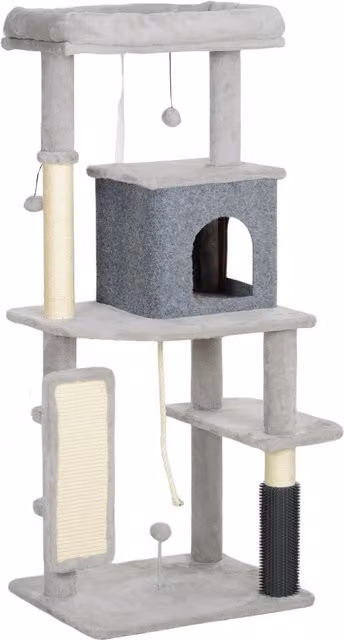 Albero per gatti multilivello PawHut con casetta, lettino e tiragraffi in sisal, Grigio, Altezza: 132 cm – 1