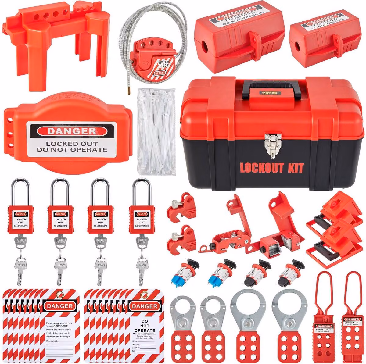 42 kit di blocco e segnalazione, kit di sicurezza elettrica Loto include lucchetti, 5 tipi di dispositivi di blocco, cerniere, etichette e fascette, scatola, strumenti di sicurezza per la rimozione dei rischi elettrici in ambito industriale e meccanico