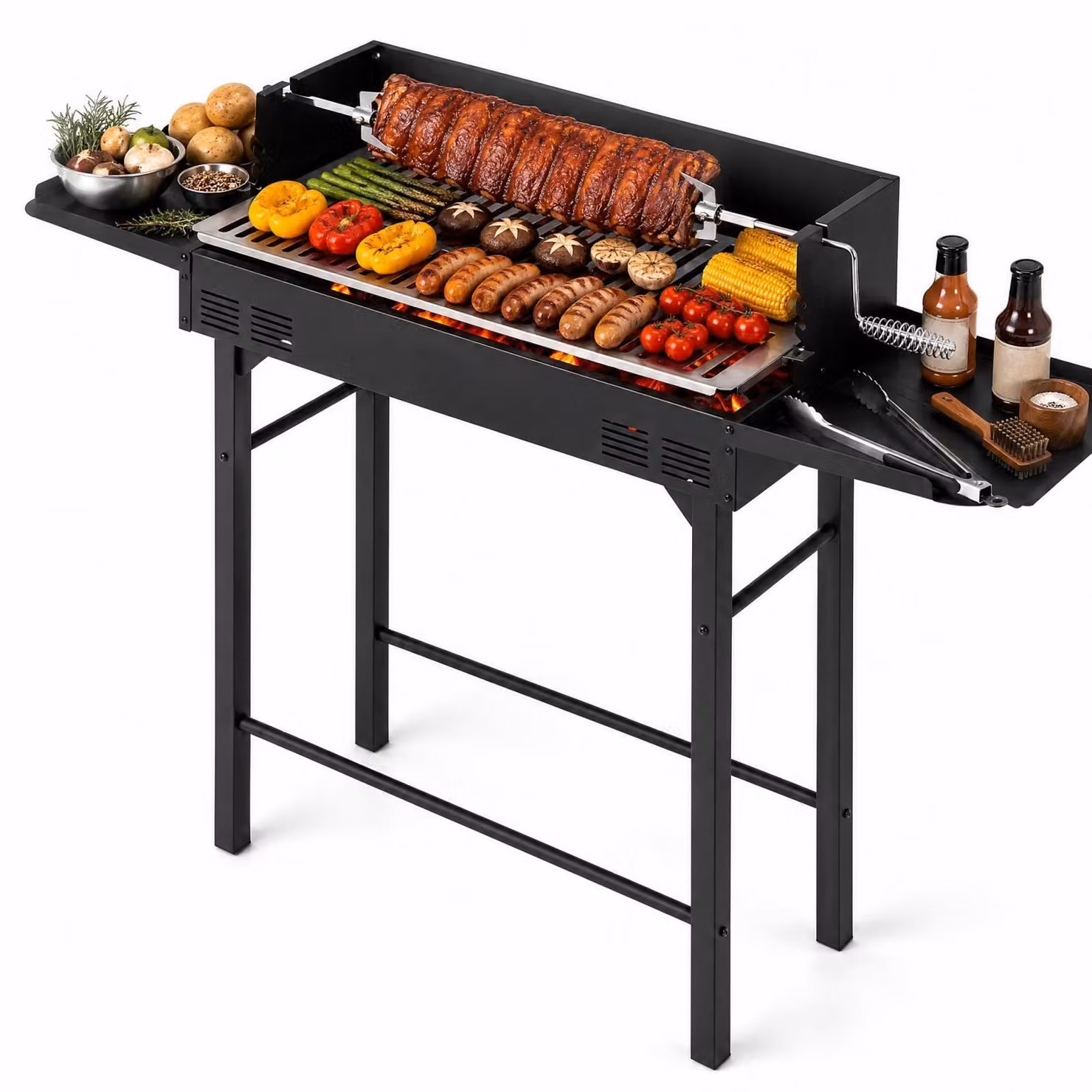 Griglia a carbone KOMFOTTEU, griglia da campeggio con griglia regolabile in altezza, spiedo rotante e 2 ripiani, carrello per barbecue con paravento e 2 sollevatori per la griglia, griglia per barbecue da esterno, ideale per giardino, terrazza e campeggio