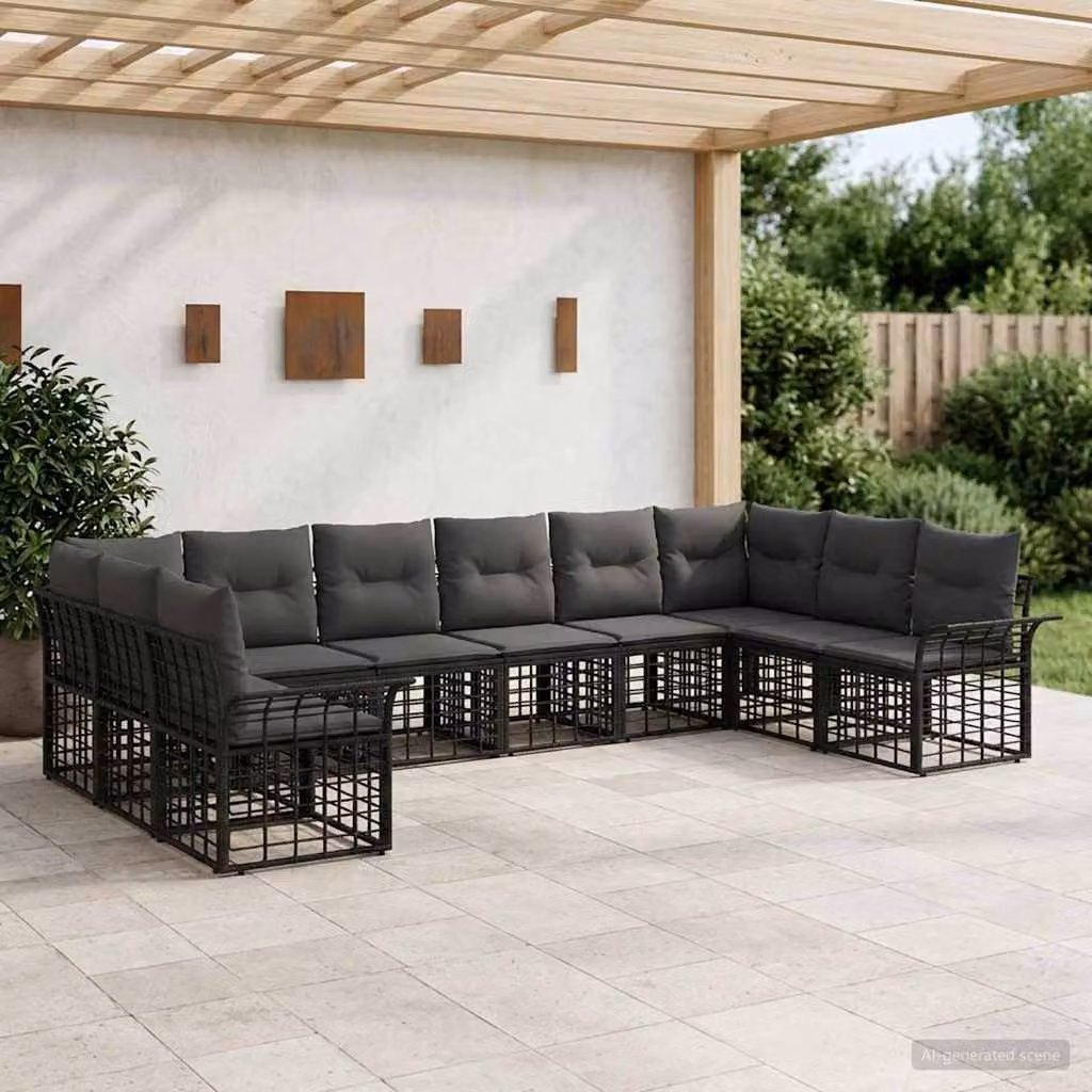 Set di divani da esterno a forma di U vidaXL composto da 10 pezzi in metallo e tessuto nero e grigio con cuscini inclusi