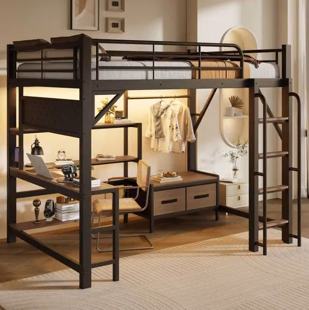 Letto a soppalco per bambini 140x200 cm con struttura in metallo, scrivania integrata, LED multicolore e caricatore USB, colore nero