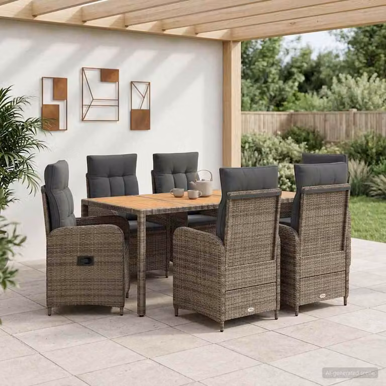 Set da pranzo per esterni vidaXL in polyrattan e legno di acacia grigio, 7 pezzi