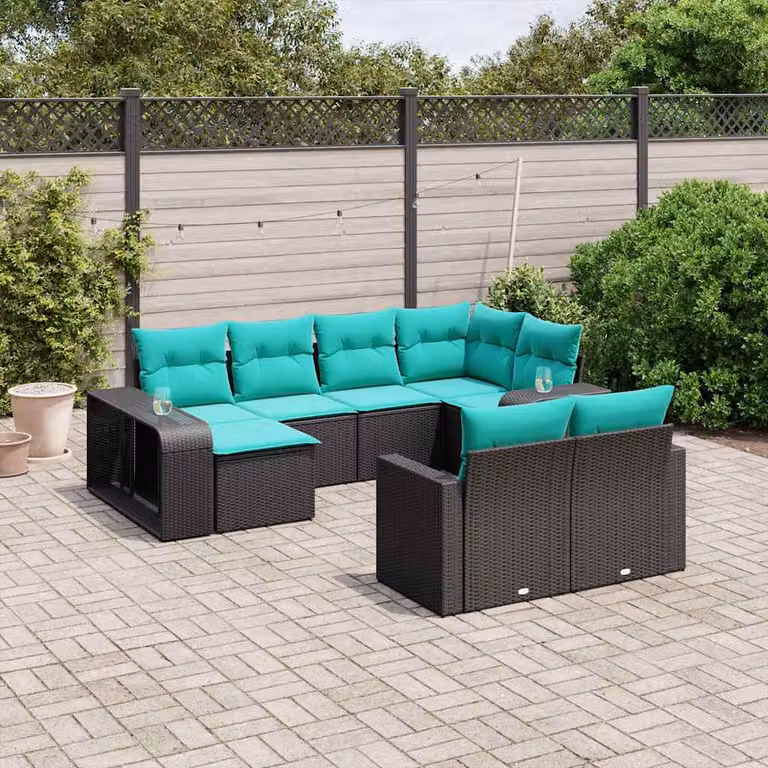 Set di divani da giardino vidaXL in polyrattan nero con cuscini, componibile a forma di U per esterno