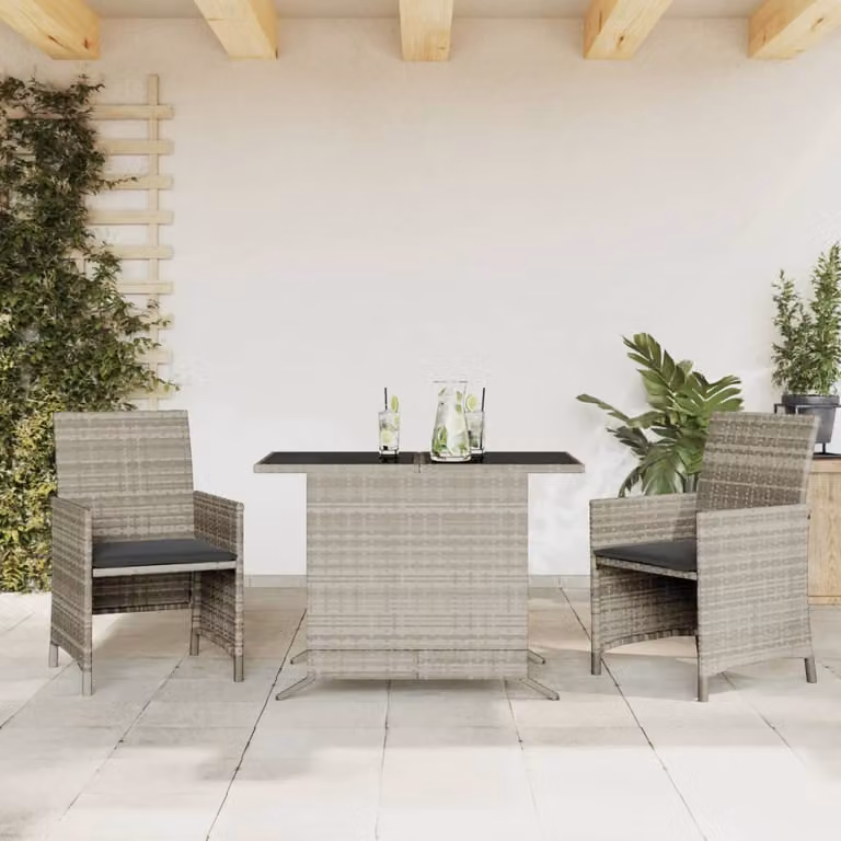 Set da Bistrò vidaXL 3 pz in Polyrattan con Cuscini Grigio Chiaro e Piano in Vetro per Giardino e Balcone