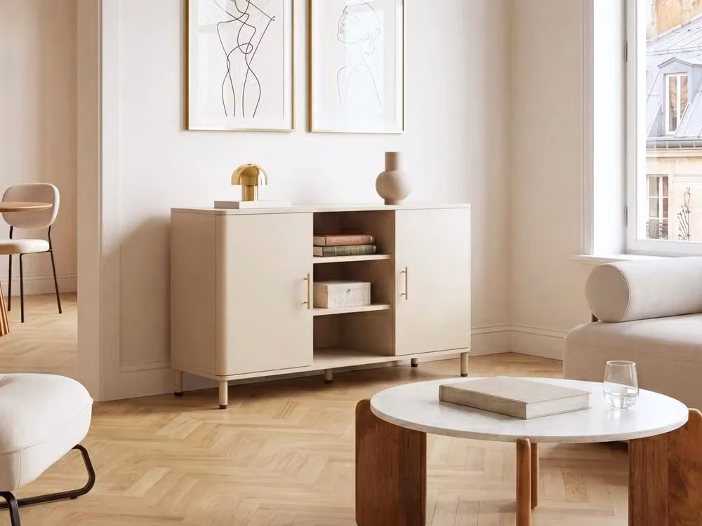 Credenza Beliani in metallo beige con maniglie dorate e finitura opaca, L: 120 cm, H: 80 cm, P: 40 cm – 2