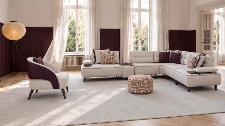 Set per soggiorno: divano angolare, poggiapiedi, design moderno, colore bianco, stile intramontabile, confortevole