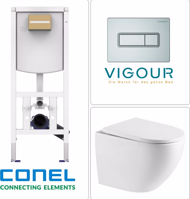 WC sospeso con scarico Tornado, sedile WC SoftClose ed elemento a parete CONEL con placca di comando VIGOUR TEES, cromo opaco