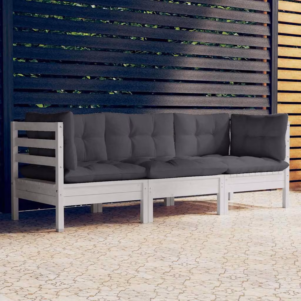 vidaXL Divano da Giardino a 3 Posti Moderno in Legno Massello di Pino con Cuscini Antracite e Bianco