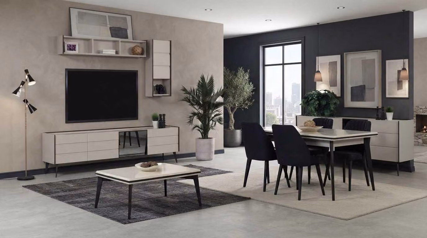 Soggiorno, sala da pranzo, beige, nero, moderno, elegante, tavolo da pranzo