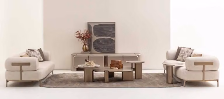 Set completo per soggiorno: divano componibile 4+3 posti, tavolini da caffè di design, set da 6 pezzi