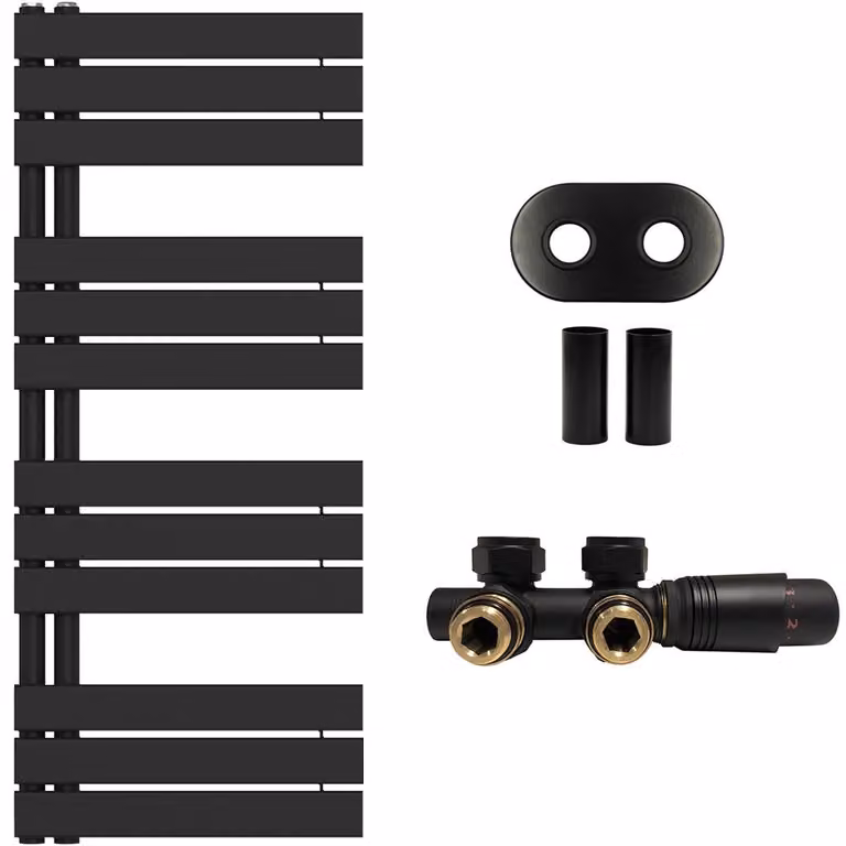 Set radiatore per bagno Theo - riscaldamento centralizzato - attacco asimmetrico da 50 mm - 575W - nero opaco - 1200x500 mm