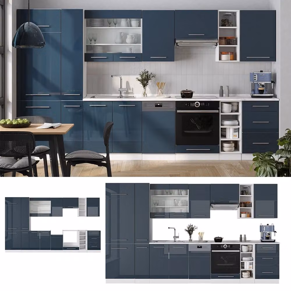 Cucina componibile Fame-Line Vicco Blu scuro lucido e Bianco con base Antracite, L: 355 cm – 2