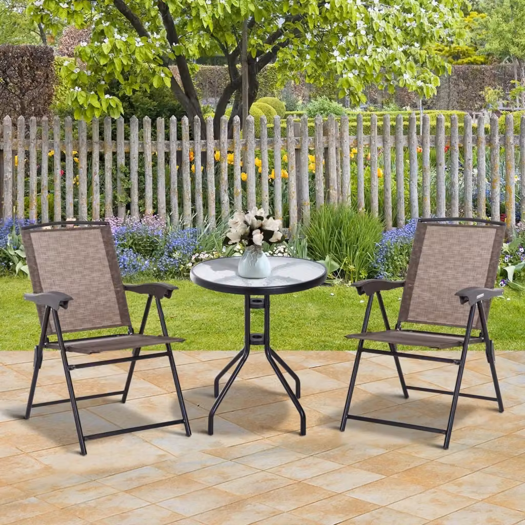 Set da giardino EasyComfort composto da tavolino rotondo in vetro e 2 sedie pieghevoli in textilene marrone per esterno – 2