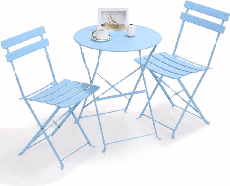 Set da bistrot per 2 persone – Set di mobili da giardino in metallo, 3 pezzi – Con sedie da bistrot e tavolo pieghevole – Balcone, terrazza, giardino – Blu