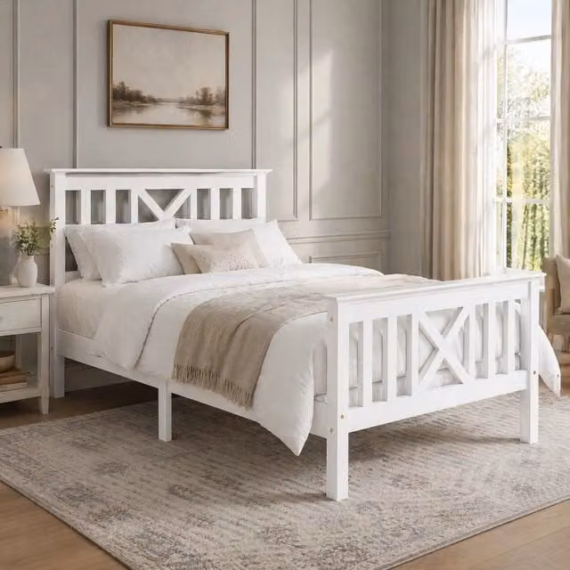 Letto singolo 90x200 cm in legno massello e MDF con testiera a X; bianco