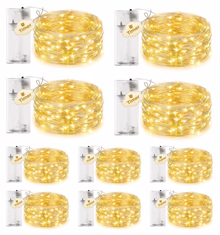 Catena luminosa, confezione da 10, lunghezza 2 metri, 20 LED, luce bianco caldo, con timer, alimentazione a batteria