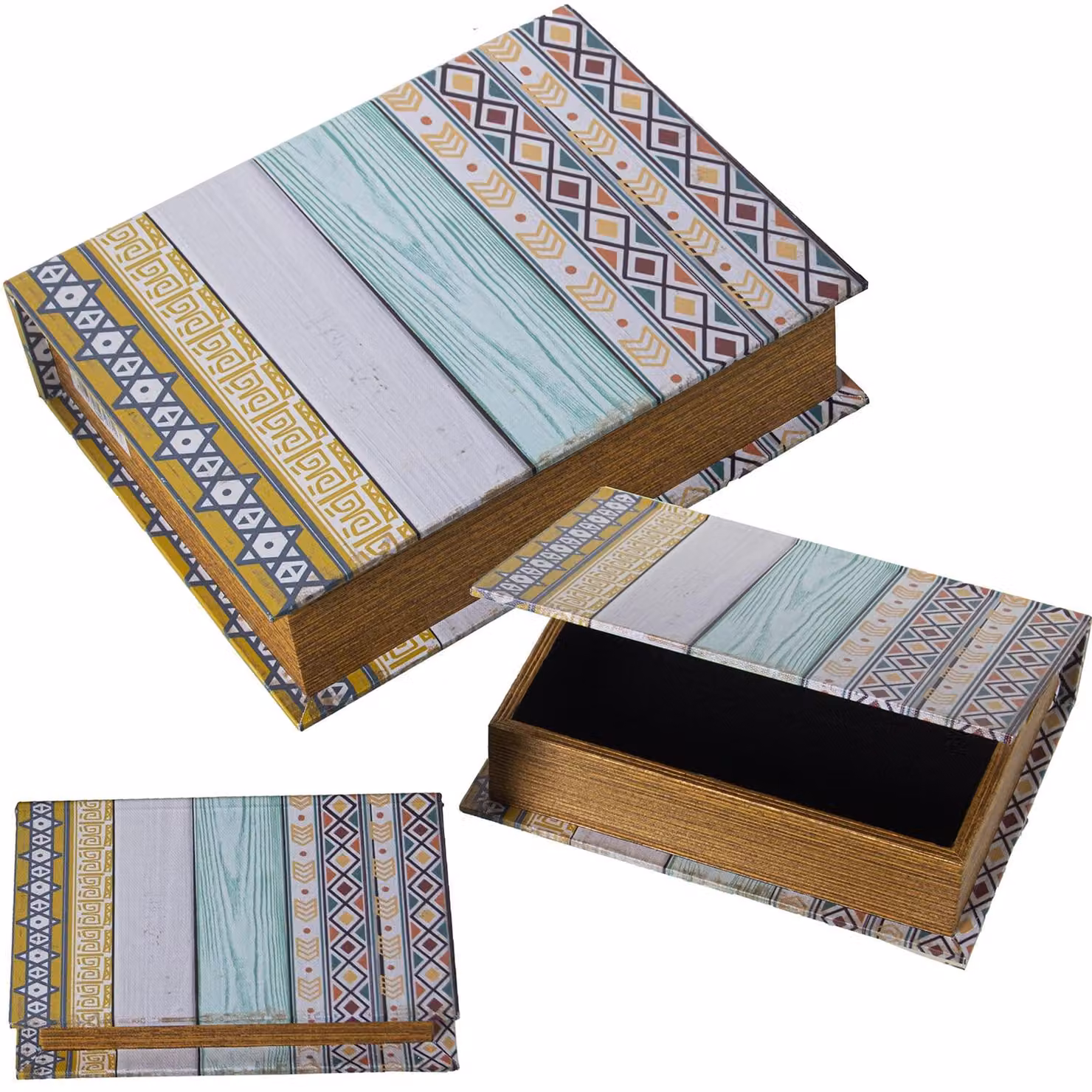 3 scatole rettangolari in MDF/poliestere con motivo a righe, dimensioni: 30x24x8 cm, 24x18x6 cm, 18x12x4 cm