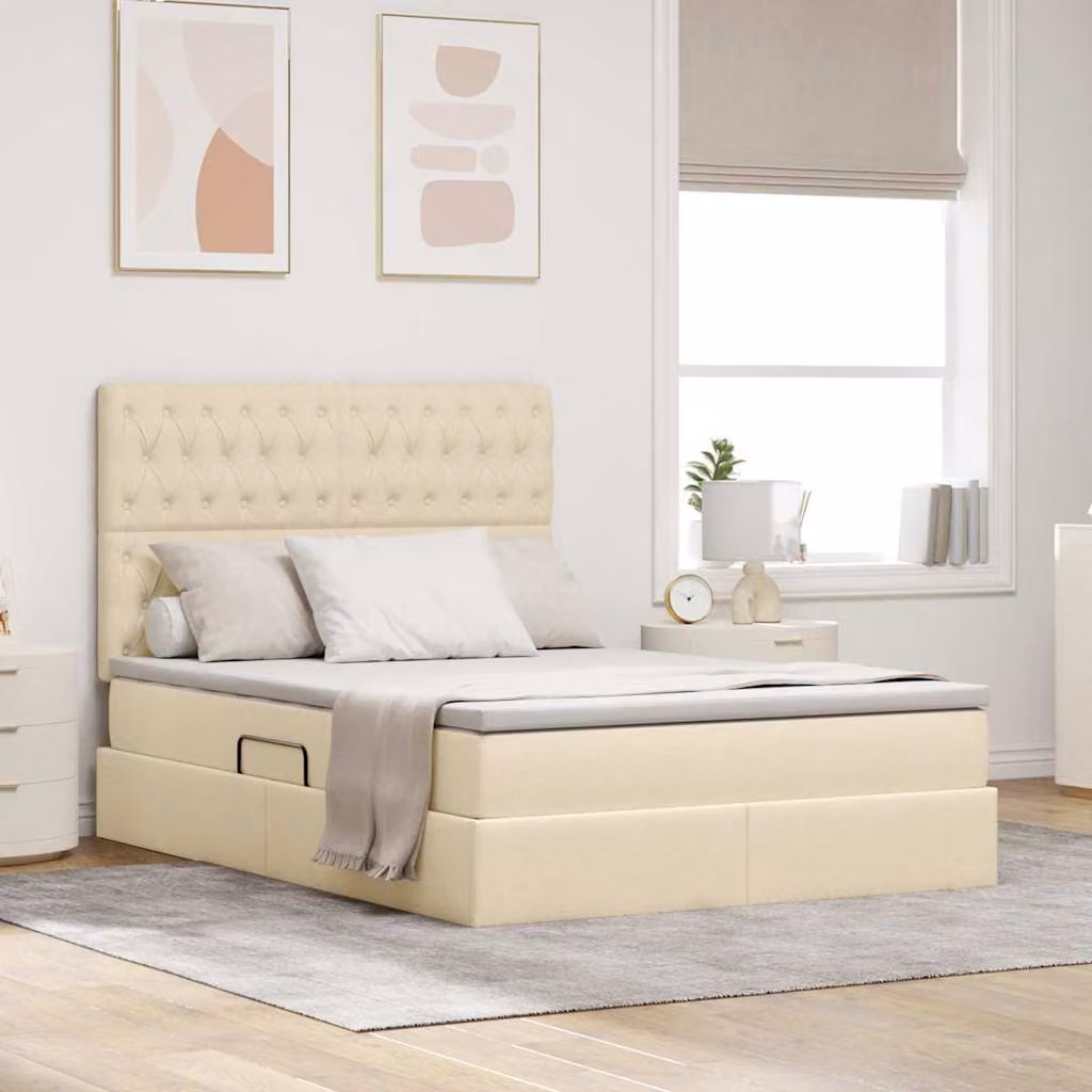 Letto con contenitore vidaXL in tessuto beige con illuminazione LED e porta USB, L/P/H: 140 x 200 x 128 cm