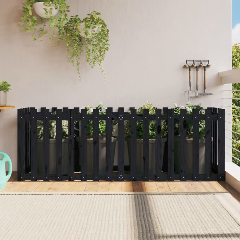 Fioriera da giardino a recinzione vidaXL in legno di pino massello, colore nero, L 200 x P 50 x H 70 cm