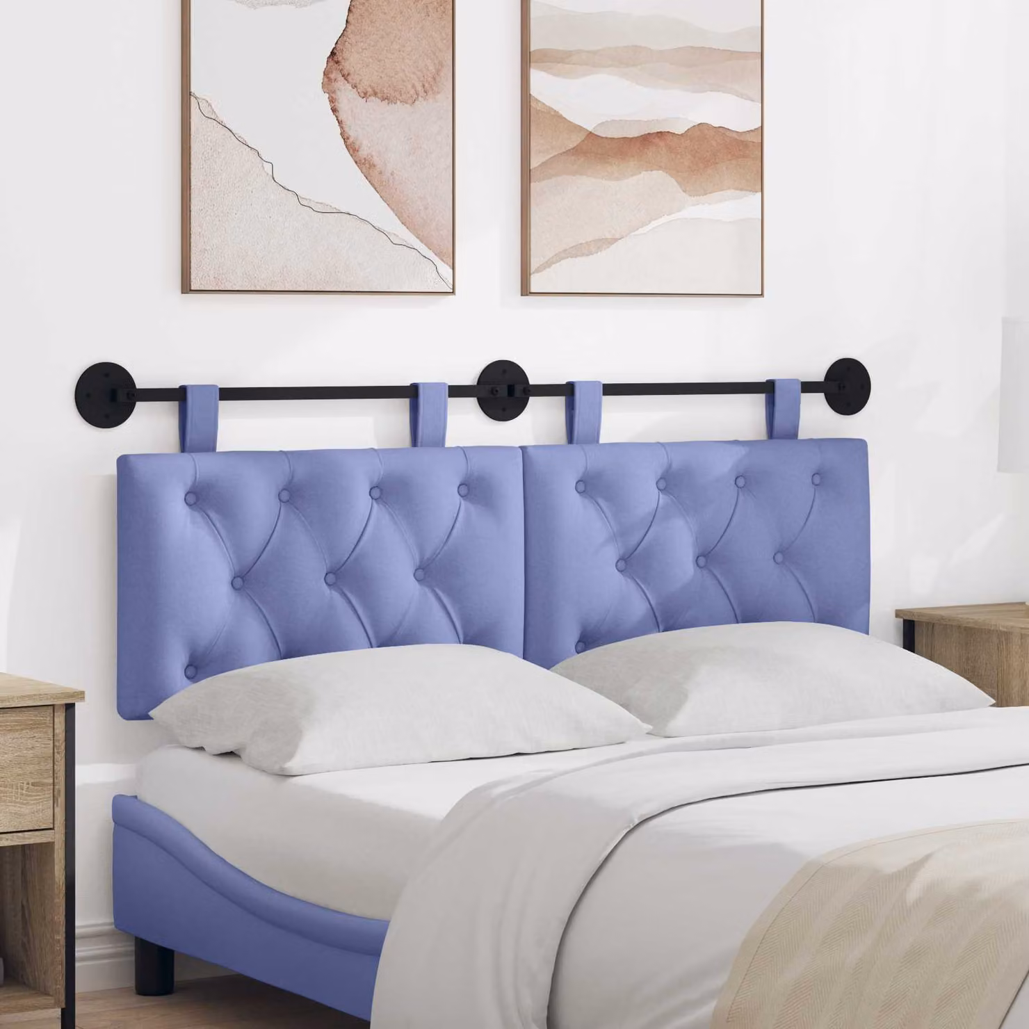 Testiera del letto sospesa vidaXL in tessuto blu jeans con pannello imbottito, L: 130 cm, H: 55 cm, P: 7 cm