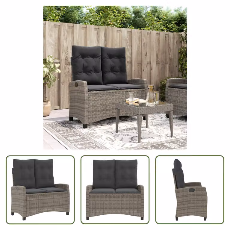 The Living Store Panca da giardino regolabile con cuscini in Poly Rattan grigio