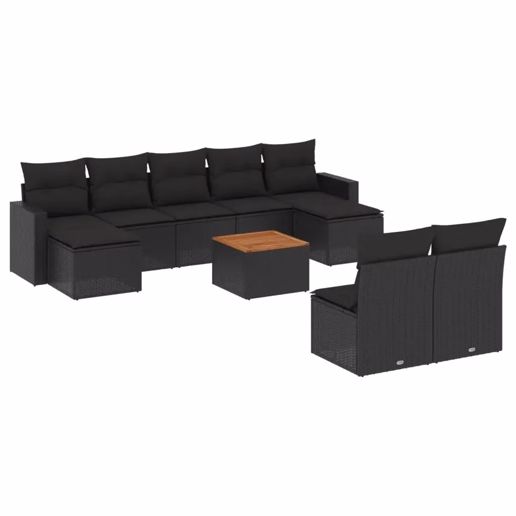 vidaXL Set Divani da Giardino a Forma di U in Polyrattan Nero con Cuscini e Tavolino da Esterno – 2